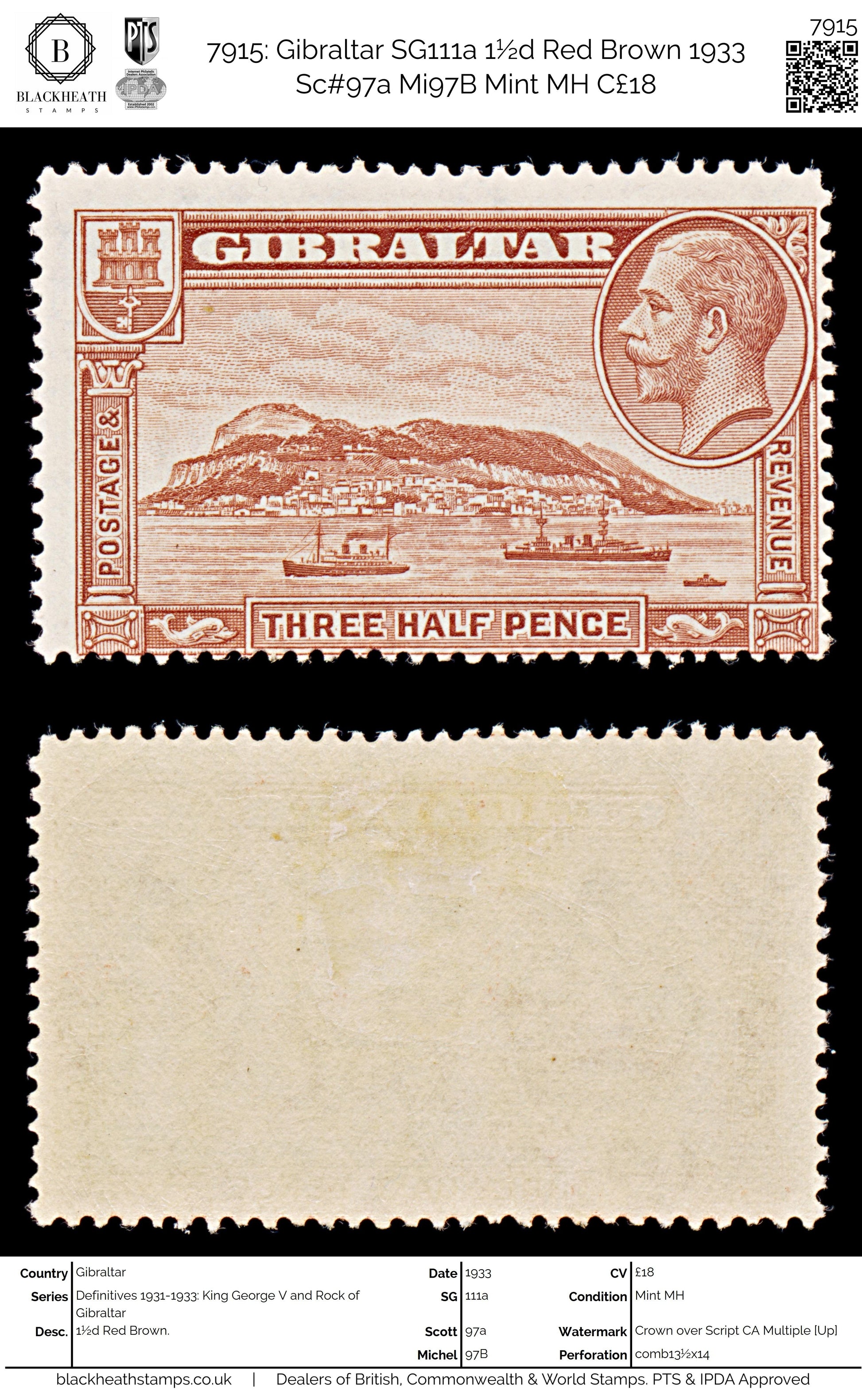 7915: Gibraltar SG111a 1½d Red Brown 1933 Sc#97a Mi97B Mint MH C£18