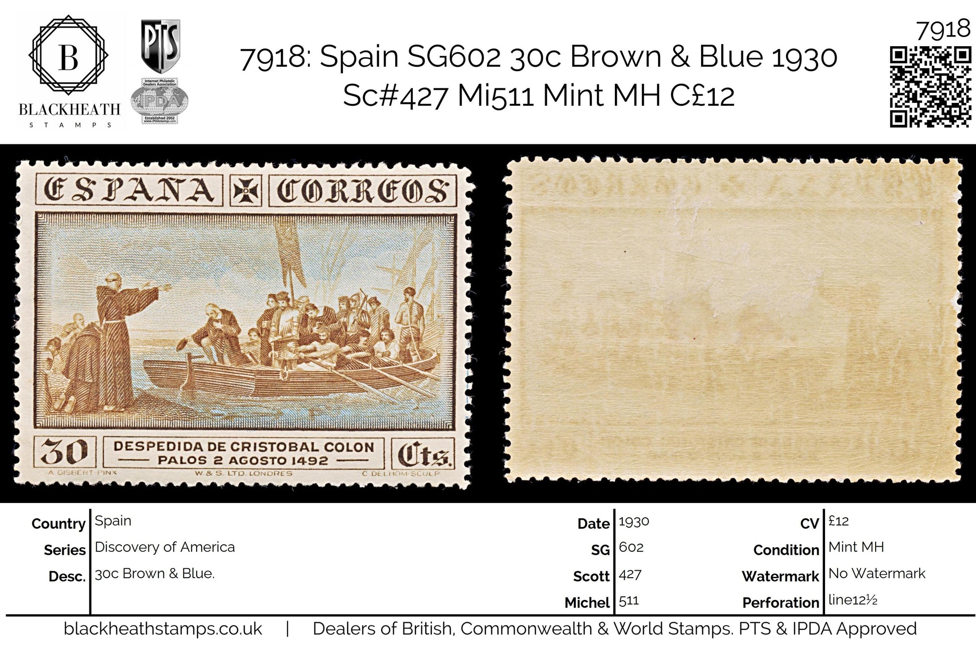 7918: Spain SG602 30c Brown & Blue 1930 Sc#427 Mi511 Mint MH C£12