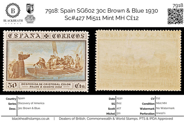 7918: Spain SG602 30c Brown & Blue 1930 Sc#427 Mi511 Mint MH C£12