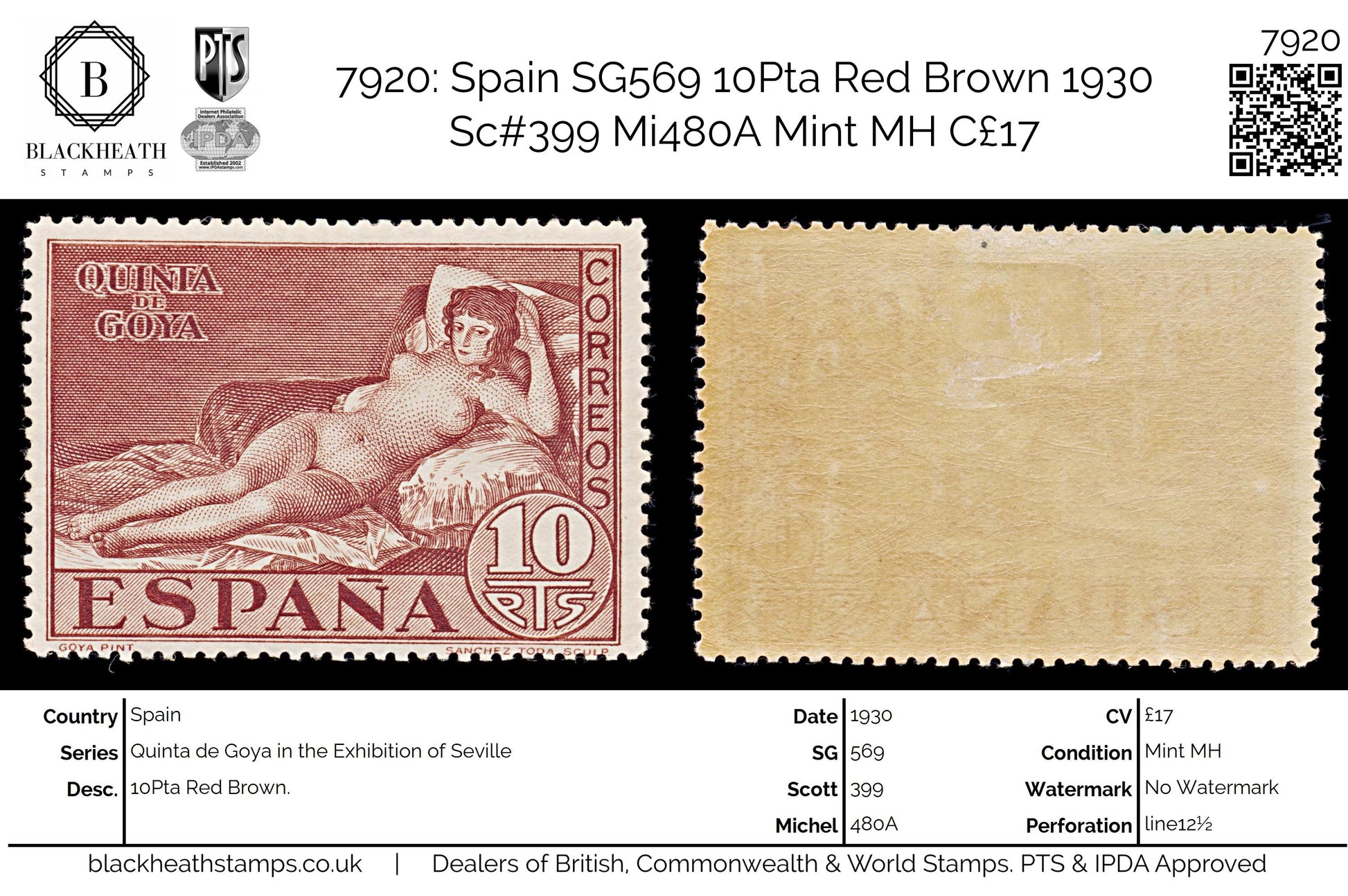 7920: Spain SG569 10Pta Red Brown 1930 Sc#399 Mi480A Mint MH C£17
