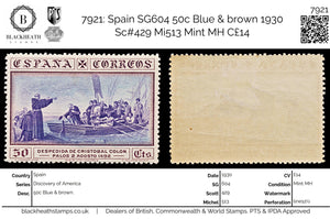 7921: Spain SG604 50c Blue & brown 1930 Sc#429 Mi513 Mint MH C£14