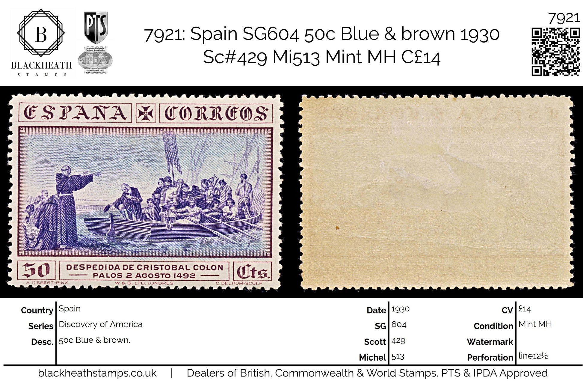 7921: Spain SG604 50c Blue & brown 1930 Sc#429 Mi513 Mint MH C£14