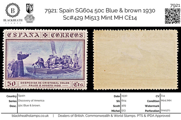 7921: Spain SG604 50c Blue & brown 1930 Sc#429 Mi513 Mint MH C£14