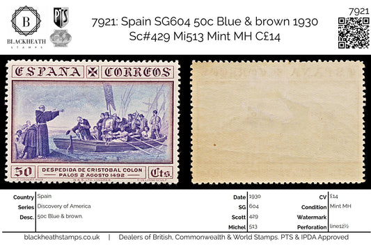7921: Spain SG604 50c Blue & brown 1930 Sc#429 Mi513 Mint MH C£14