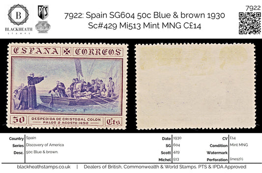 7922: Spain SG604 50c Blue & brown 1930 Sc#429 Mi513 Mint MNG C£14