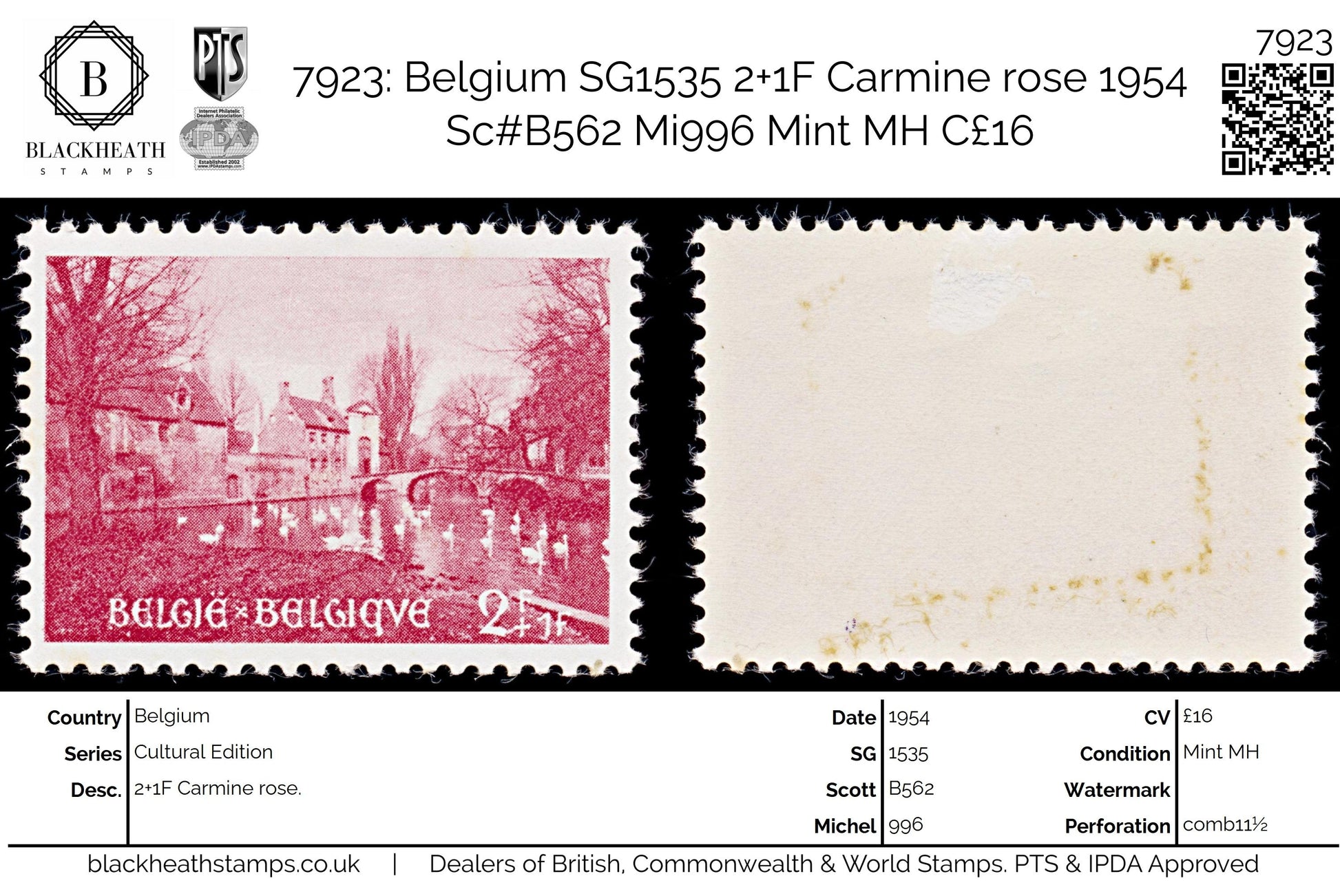 7923: Belgium SG1535 2+1F Carmine rose 1954 Sc#B562 Mi996 Mint MH C£16