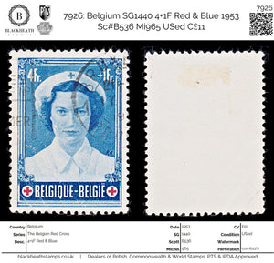 7926: Belgium SG1440 4+1F Red & Blue 1953 Sc#B536 Mi965 USed C£11