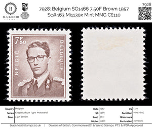 7928: Belgium SG1466 7.50F Brown 1957 Sc#463 Mi1130x Mint MNG C£110