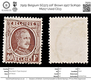 7929: Belgium SG373 10F Brown 1927 Sc#190 Mi217 Used C£13