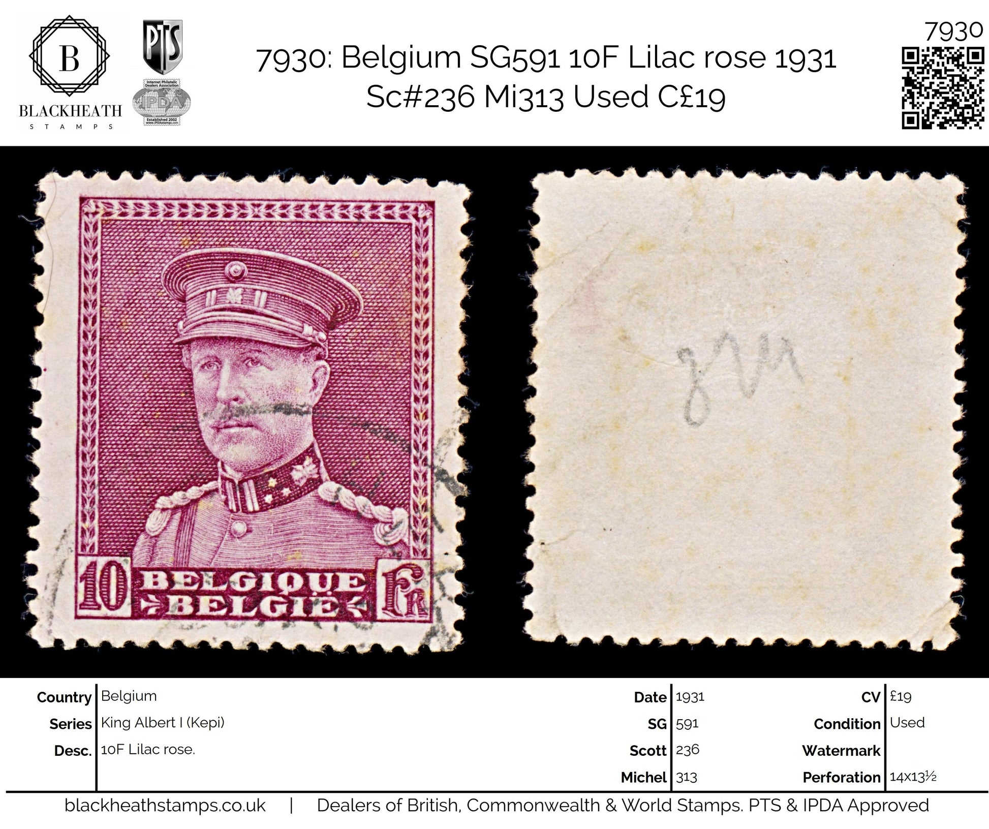 7930: Belgium SG591 10F Lilac rose 1931 Sc#236 Mi313 Used C£19