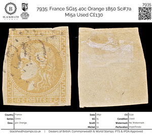 7935: France SG15 40c Orange 1850 Sc#7a Mi5a Used C£130