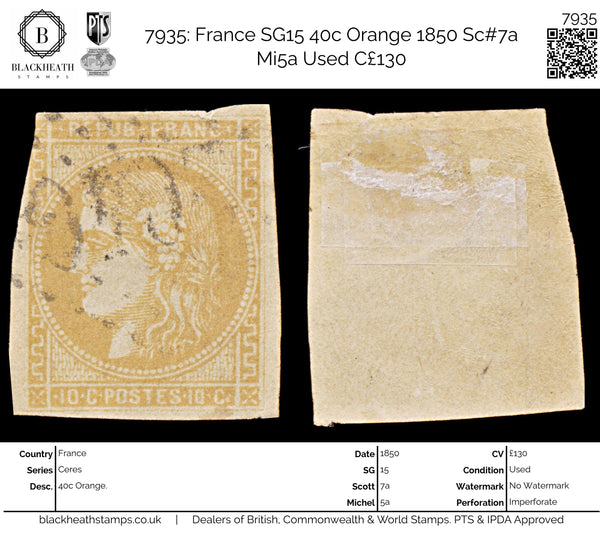 7935: France SG15 40c Orange 1850 Sc#7a Mi5a Used C£130