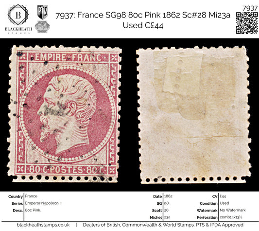 7937: France SG98 80c Pink 1862 Sc#28 Mi23a Used C£44