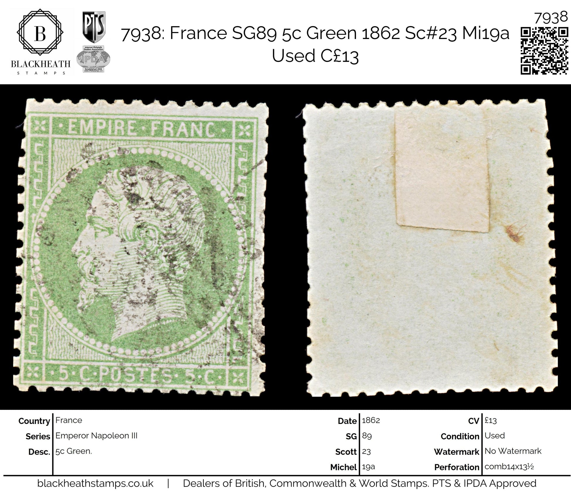 7938: France SG89 5c Green 1862 Sc#23 Mi19a Used C£13