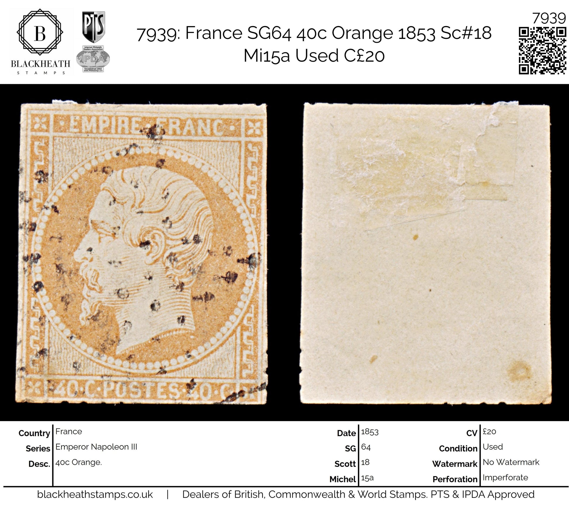 7939: France SG64 40c Orange 1853 Sc#18 Mi15a Used C£20