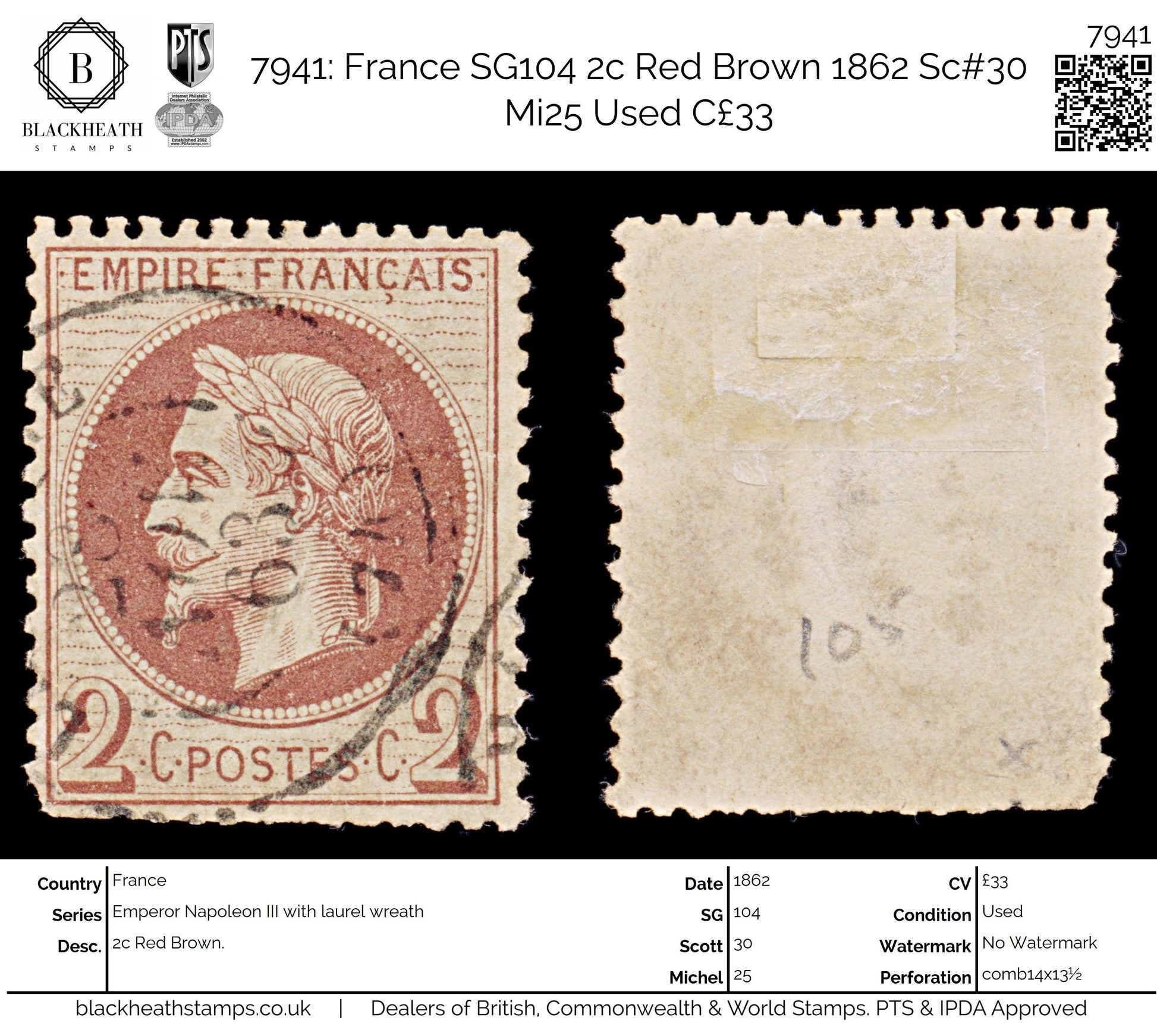 7941: France SG104 2c Red Brown 1862 Sc#30 Mi25 Used C£33
