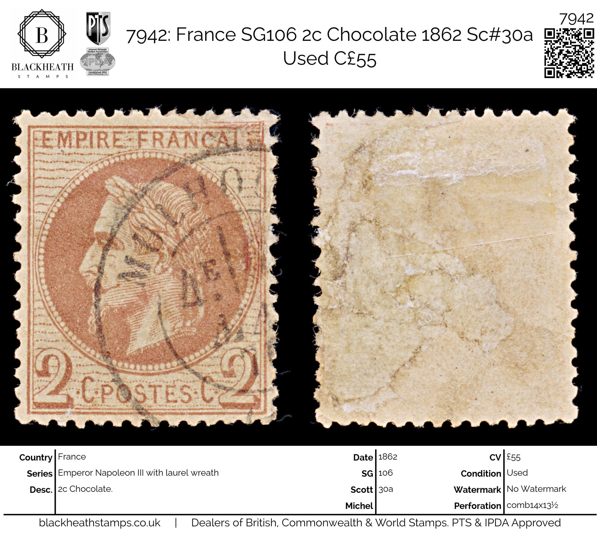7942: France SG106 2c Chocolate 1862 Sc#30a Used C£55
