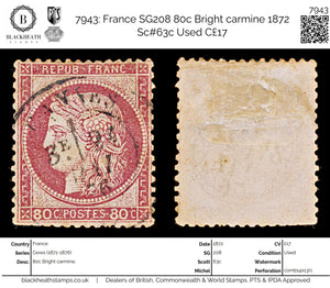 7943: France SG208 80c Bright carmine 1872 Sc#63c Used C£17