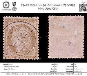7944: France SG194 10c Brown 1873 Sc#55 Mi49 Used C£15
