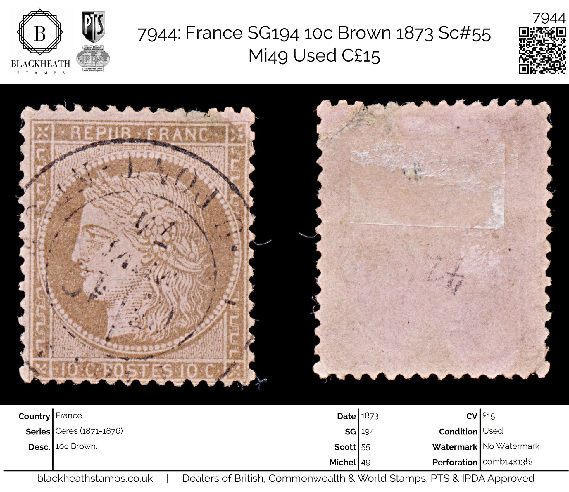 7944: France SG194 10c Brown 1873 Sc#55 Mi49 Used C£15