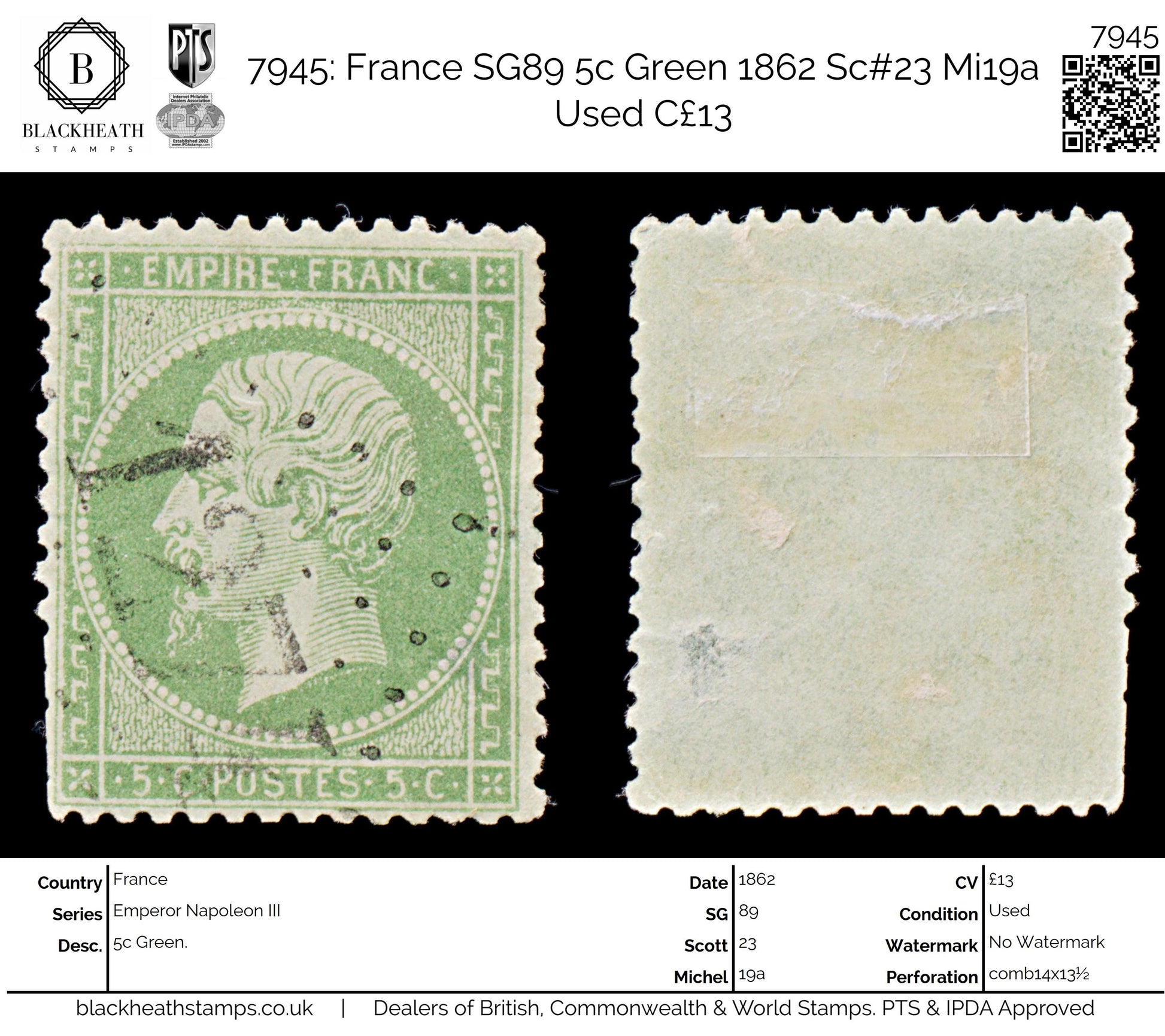 7945: France SG89 5c Green 1862 Sc#23 Mi19a Used C£13
