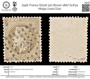 7946: France SG116 30c Brown 1867 Sc#34 Mi29a Used C£22