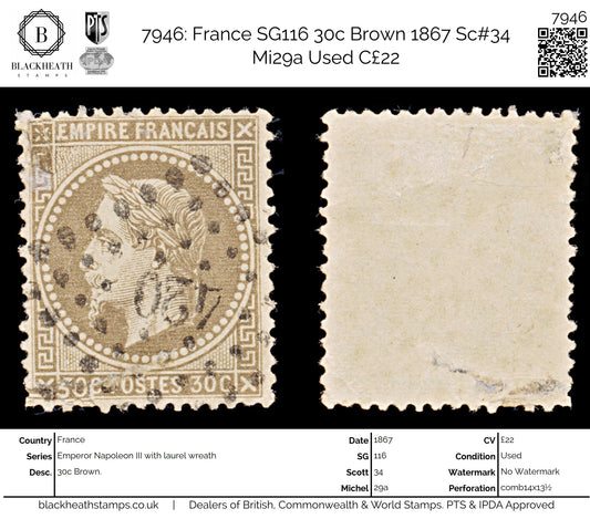 7946: France SG116 30c Brown 1867 Sc#34 Mi29a Used C£22