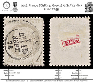 7948: France SG189 4c Grey 1872 Sc#52 Mi47 Used C£55