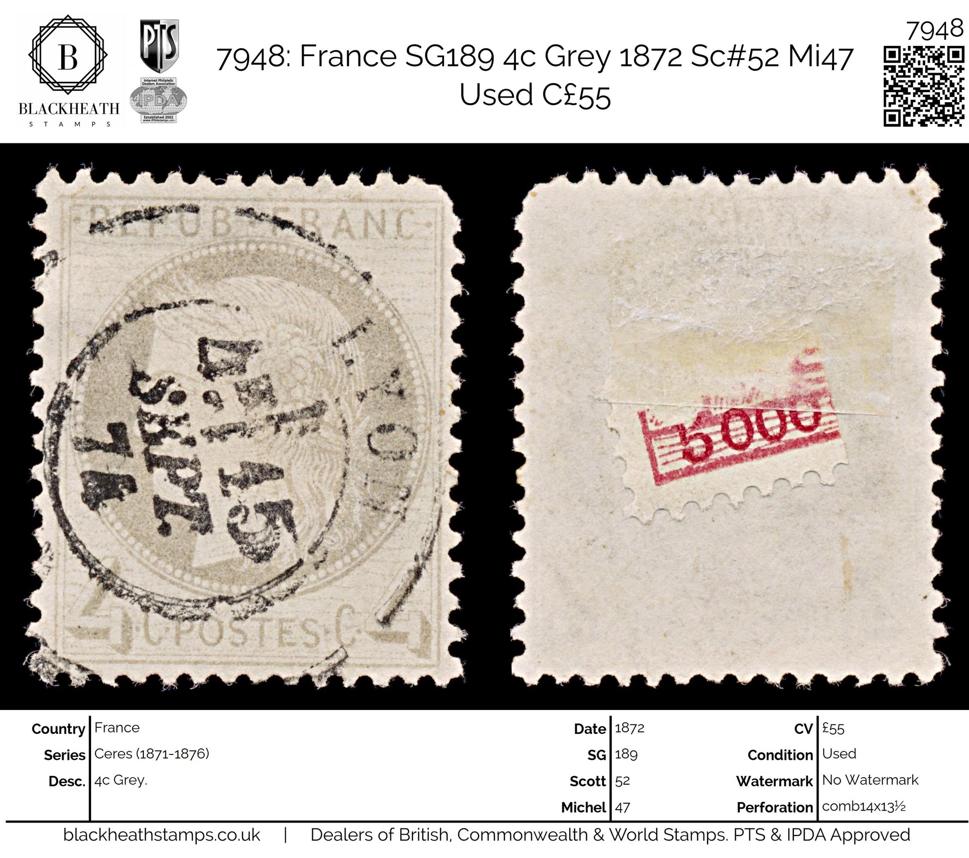 7948: France SG189 4c Grey 1872 Sc#52 Mi47 Used C£55