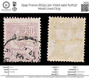 7949: France SG313 30c Violet 1902 Sc#137 Mi106 Used C£19