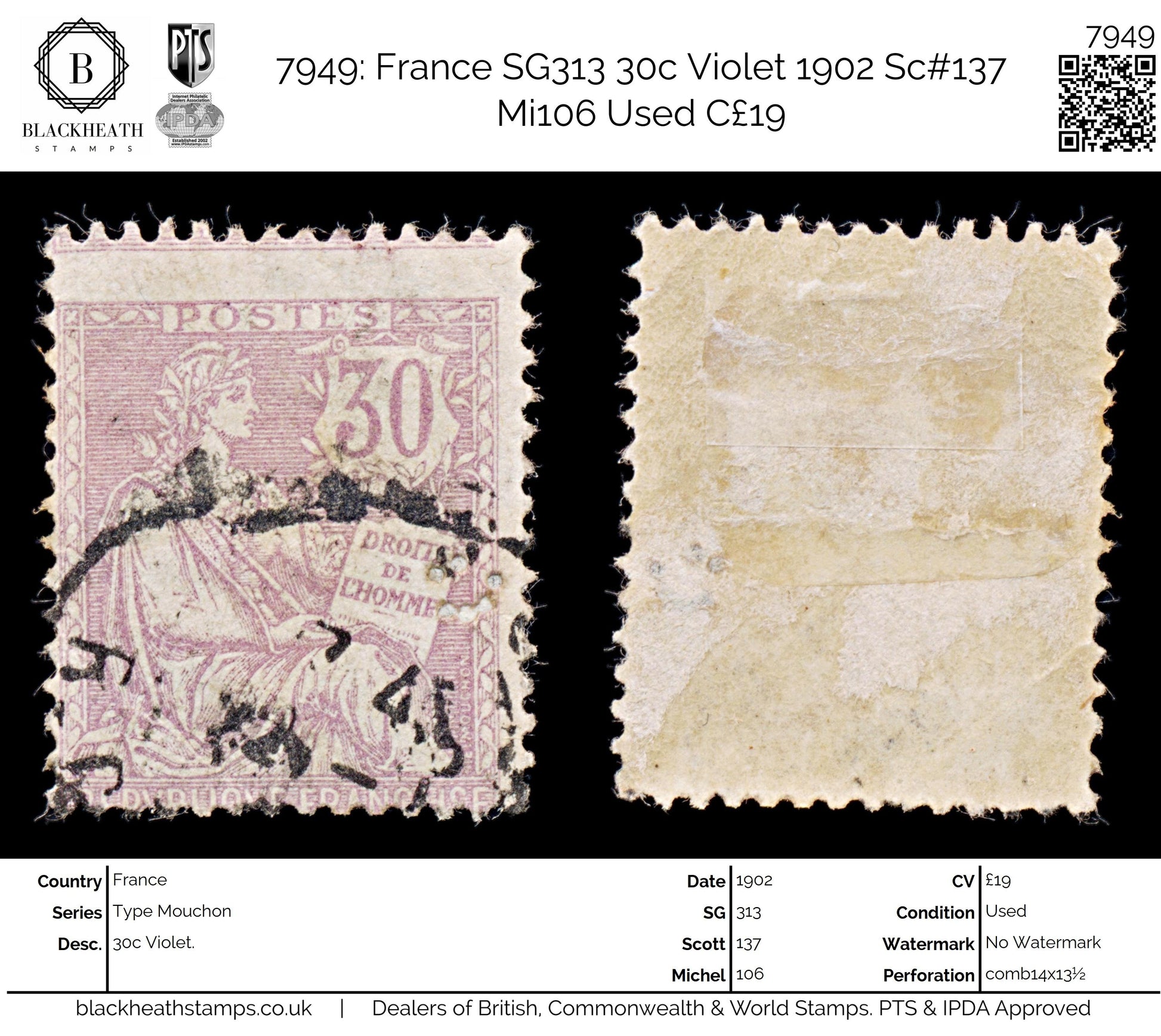 7949: France SG313 30c Violet 1902 Sc#137 Mi106 Used C£19