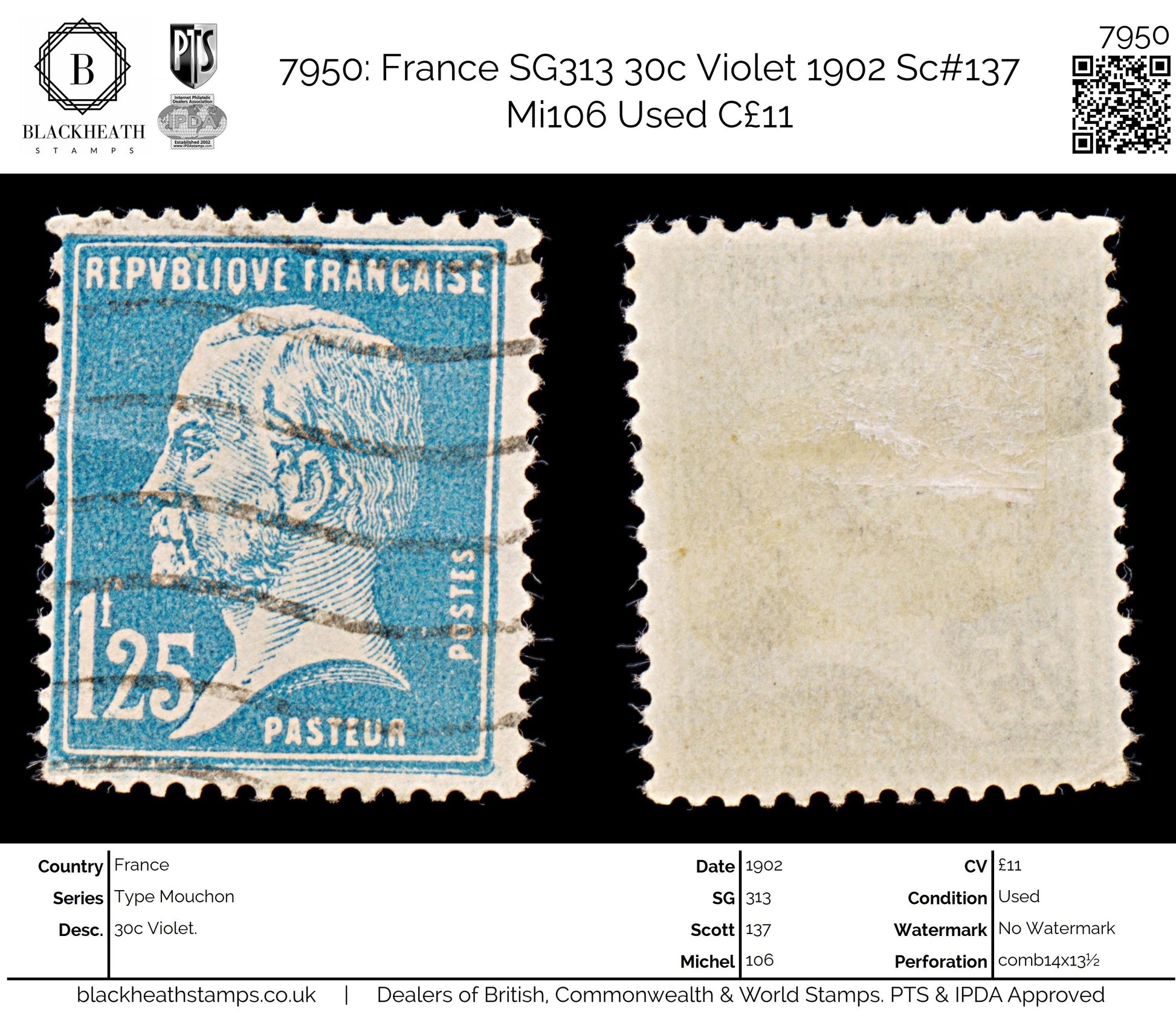 7950: France SG313 30c Violet 1902 Sc#137 Mi106 Used C£11