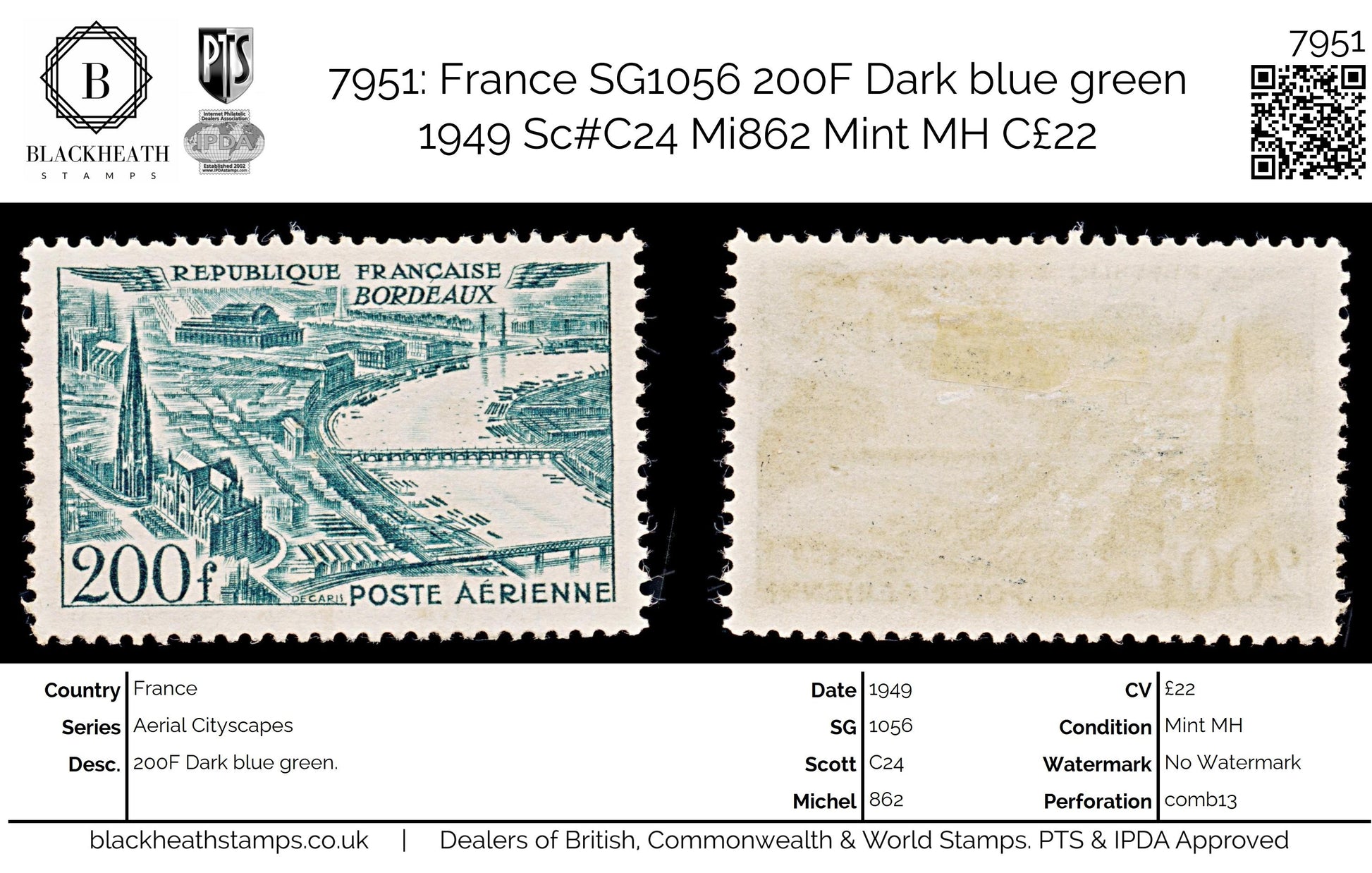 7951: France SG1056 200F Dark blue green 1949 Sc#C24 Mi862 Mint MH C£22
