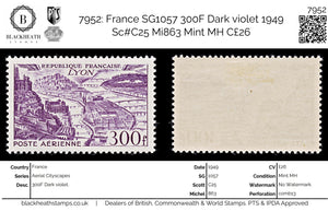 7952: France SG1057 300F Dark violet 1949 Sc#C25 Mi863 Mint MH C£26