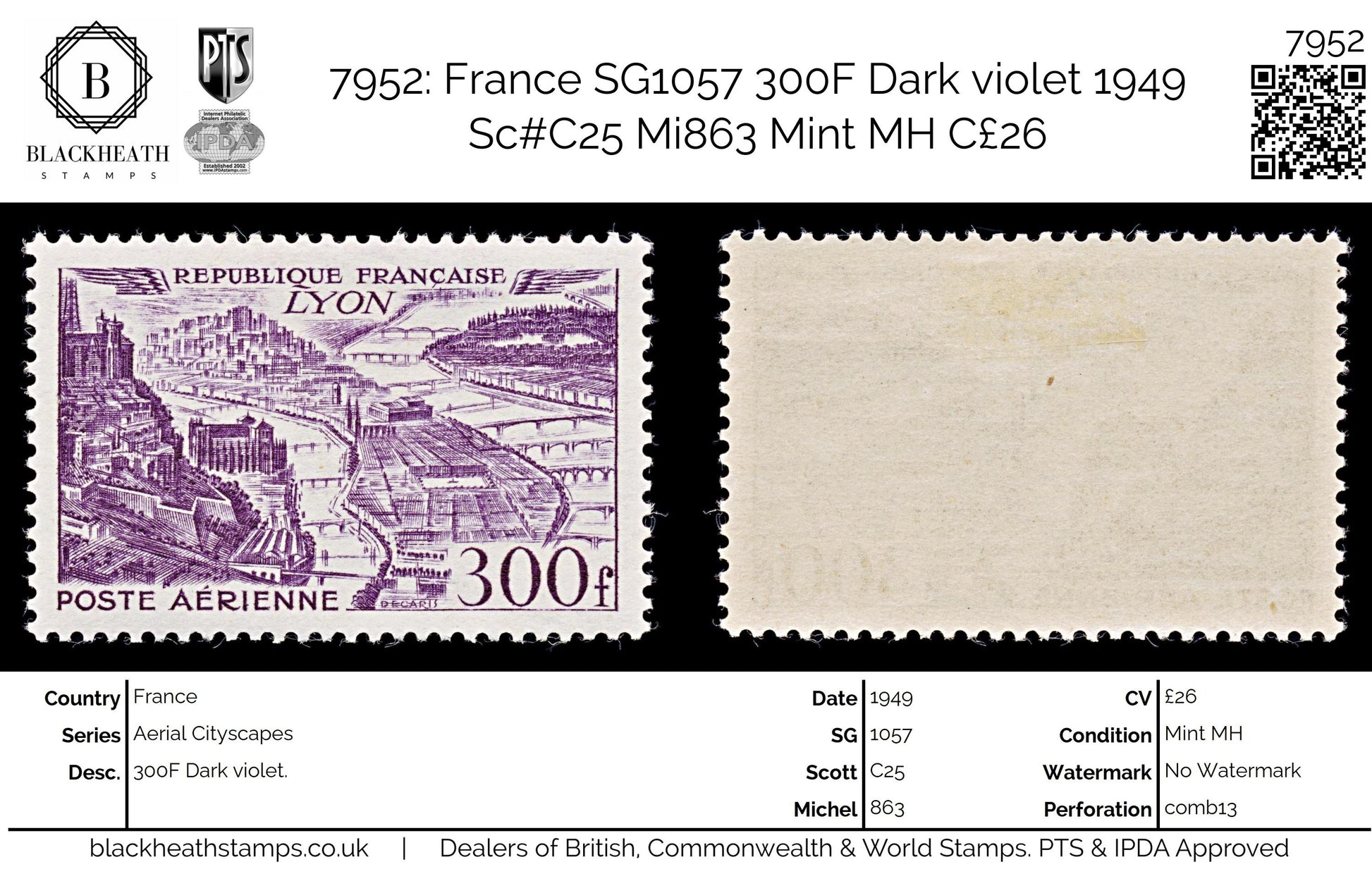 7952: France SG1057 300F Dark violet 1949 Sc#C25 Mi863 Mint MH C£26