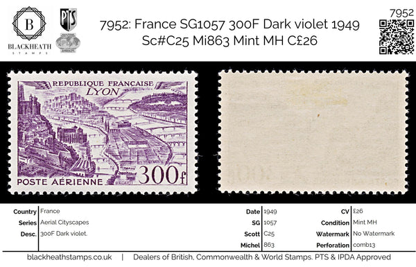 7952: France SG1057 300F Dark violet 1949 Sc#C25 Mi863 Mint MH C£26