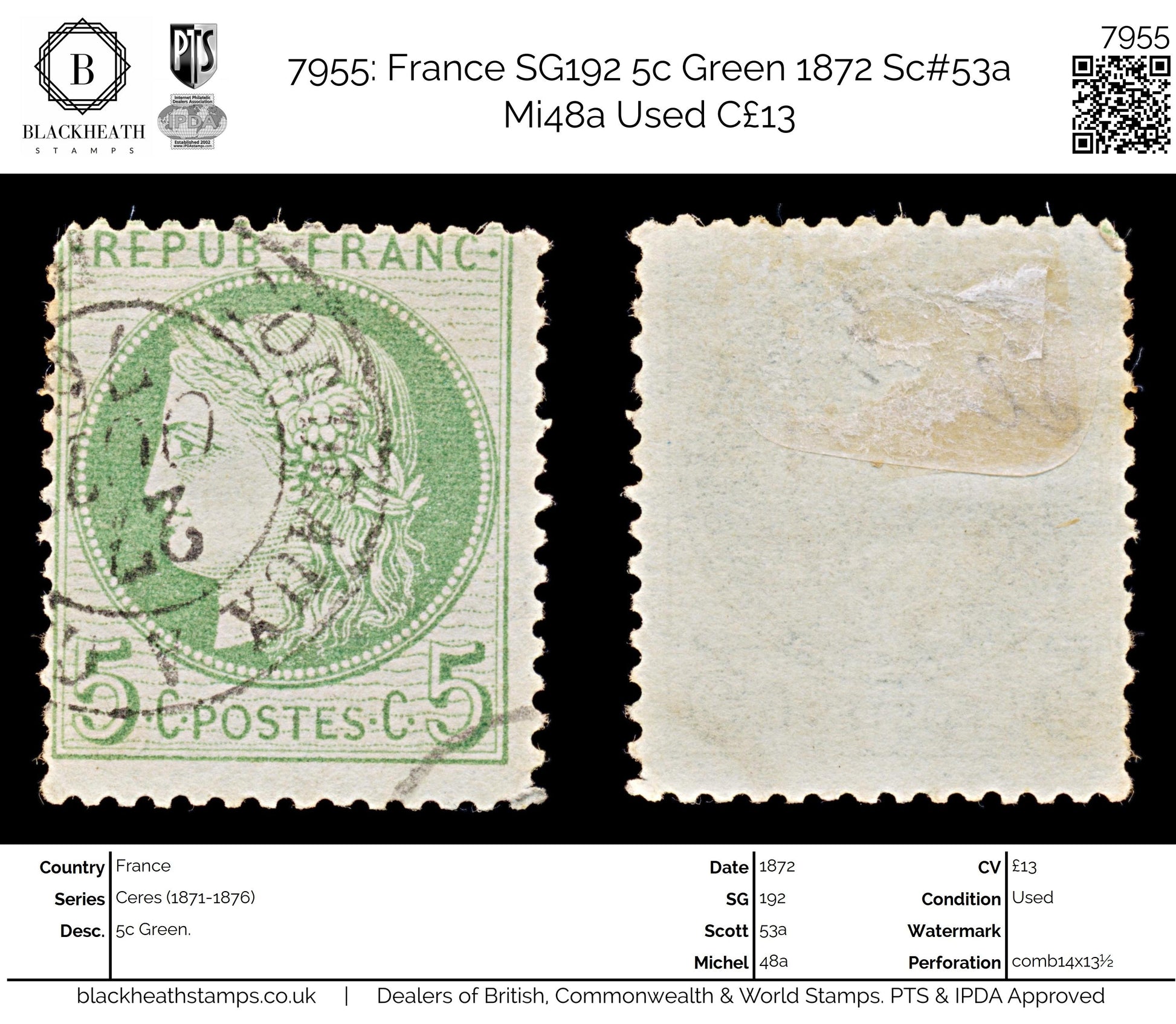 7955: France SG192 5c Green 1872 Sc#53a Mi48a Used C£13