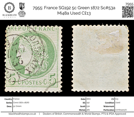 7955: France SG192 5c Green 1872 Sc#53a Mi48a Used C£13