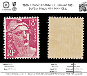 7956: France SG1007e 18F Carmine 1951 Sc#654 Mi905 Mint MNH C£27