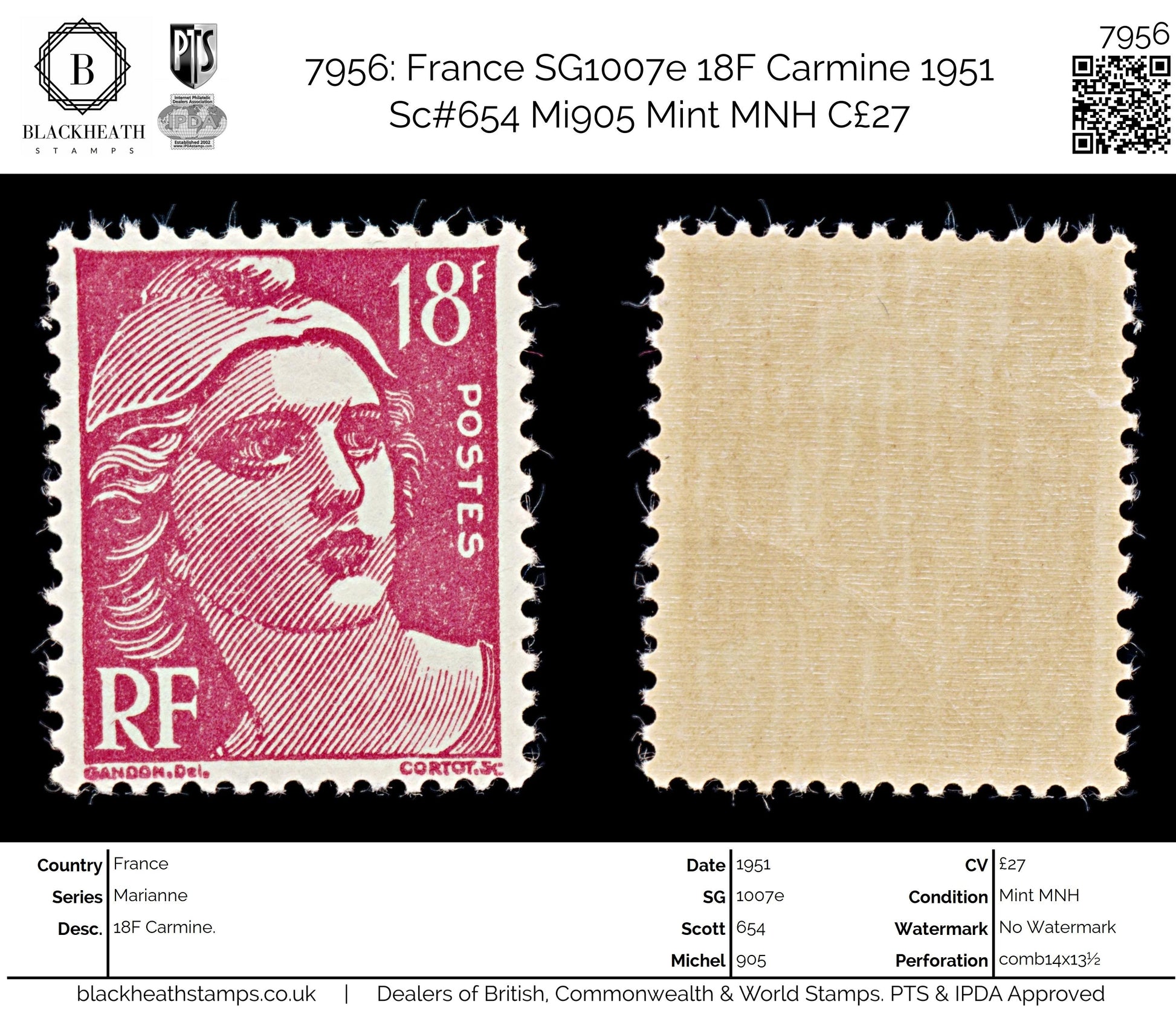 7956: France SG1007e 18F Carmine 1951 Sc#654 Mi905 Mint MNH C£27