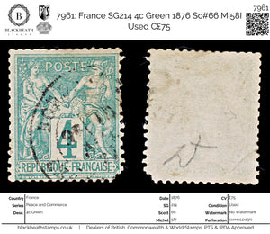7961: France SG214 4c Green 1876 Sc#66 Mi58I Used C£75