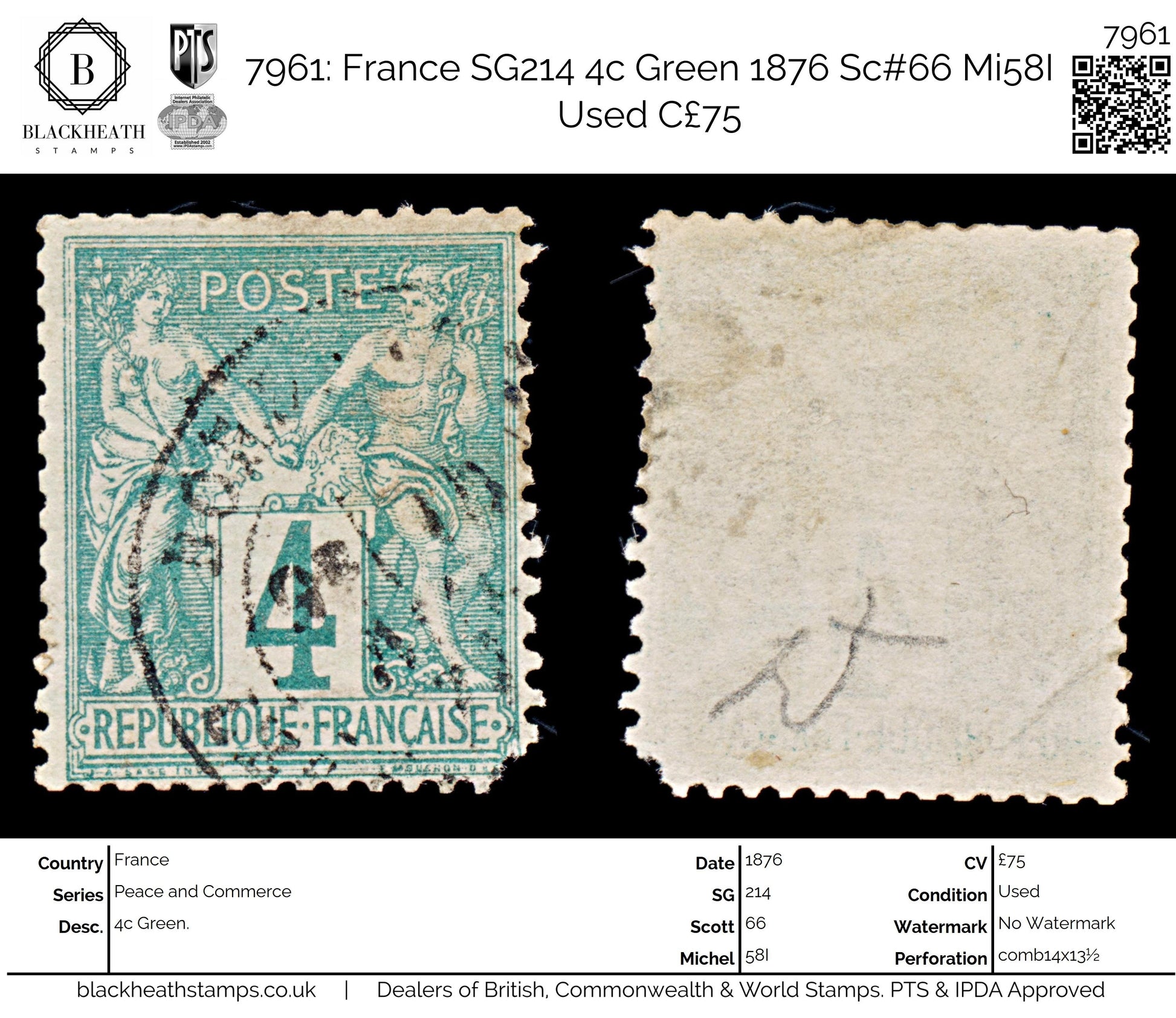 7961: France SG214 4c Green 1876 Sc#66 Mi58I Used C£75