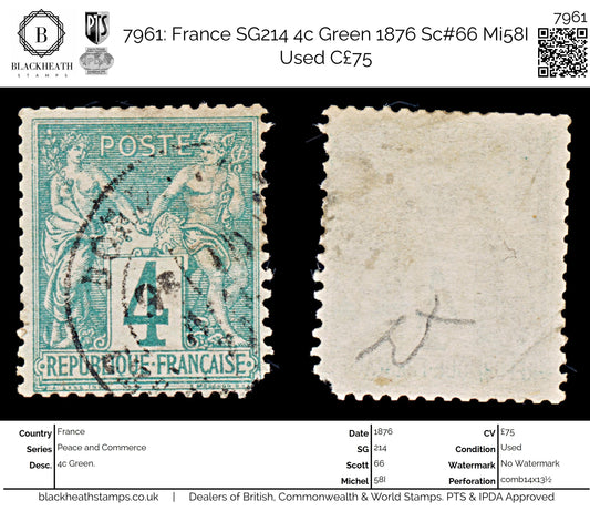 7961: France SG214 4c Green 1876 Sc#66 Mi58I Used C£75