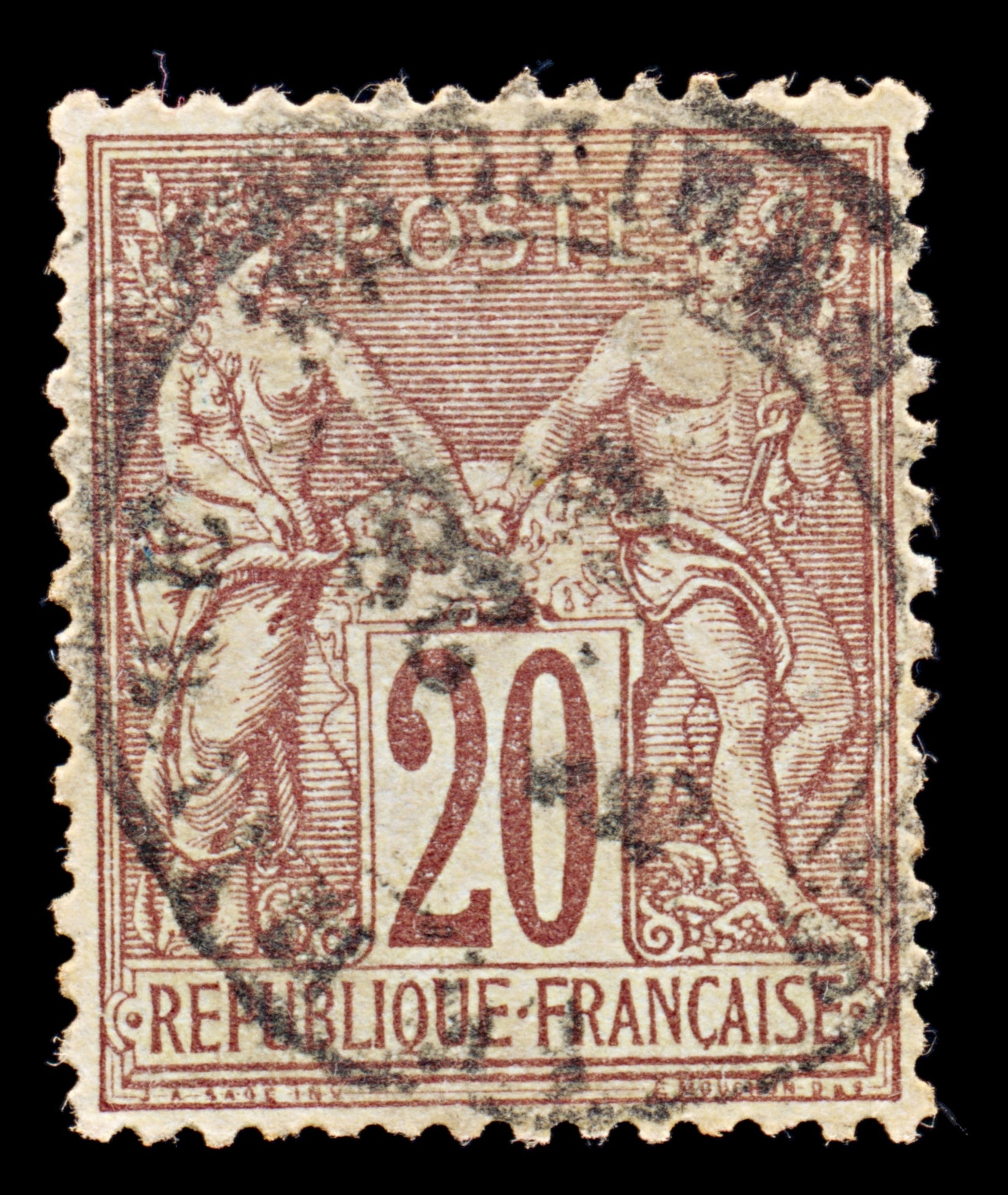 7963: France SG219 20c Red Brown 1876 Sc#70 Mi62I Used C£19
