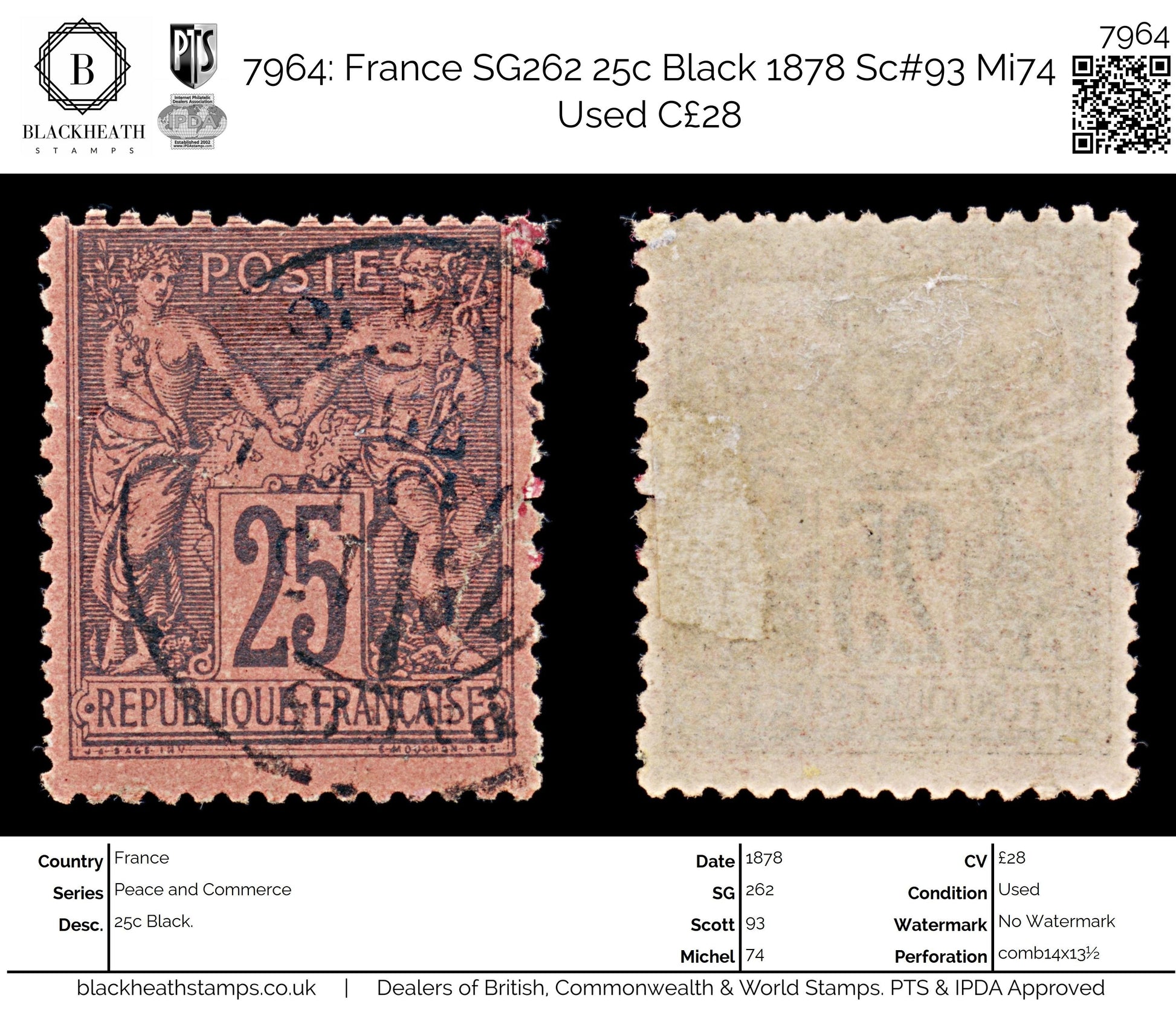 7964: France SG262 25c Black 1878 Sc#93 Mi74 Used C£28