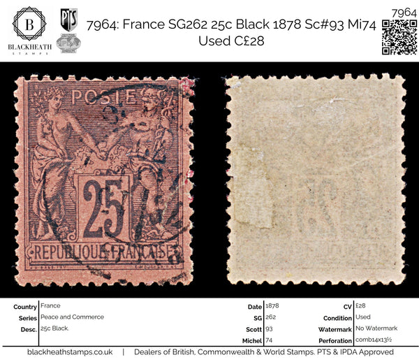 7964: France SG262 25c Black 1878 Sc#93 Mi74 Used C£28