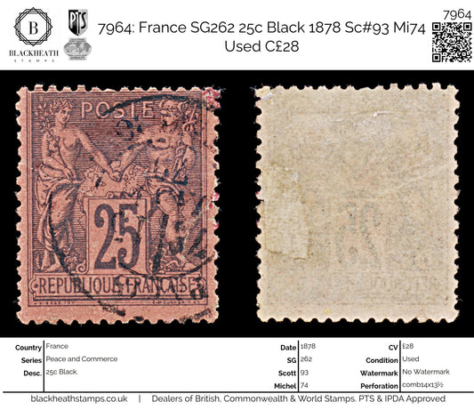 7964: France SG262 25c Black 1878 Sc#93 Mi74 Used C£28