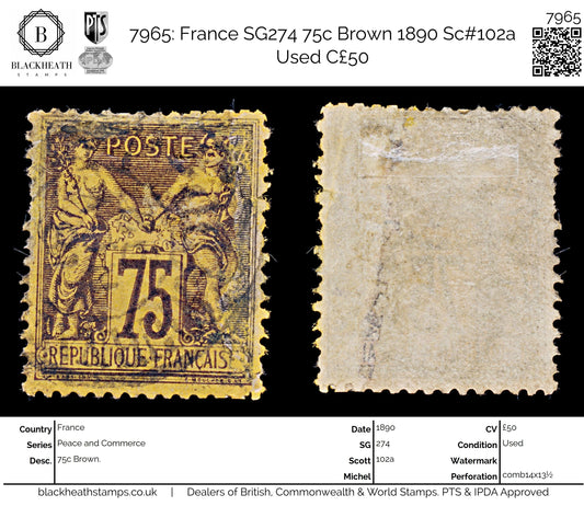 7965: France SG274 75c Brown 1890 Sc#102a Used C£50
