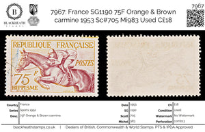 7967: France SG1190 75F Orange & Brown carmine 1953 Sc#705 Mi983 Used C£18