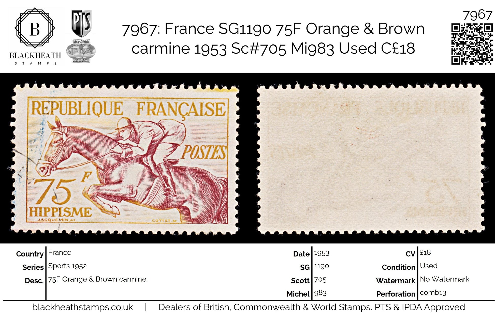 7967: France SG1190 75F Orange & Brown carmine 1953 Sc#705 Mi983 Used C£18